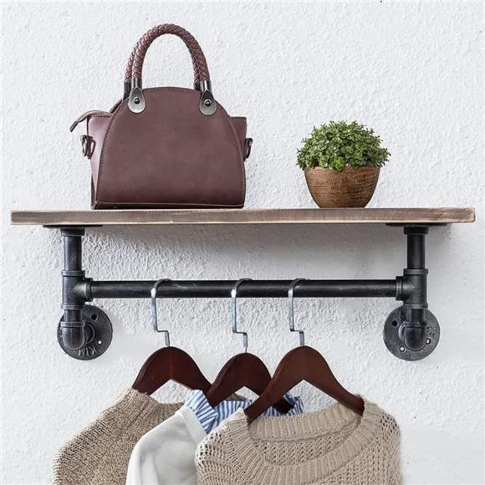 Pipe Shelving, Bathroom Shelves with Towel bar, 24in ,1 Tier, Retro Brown